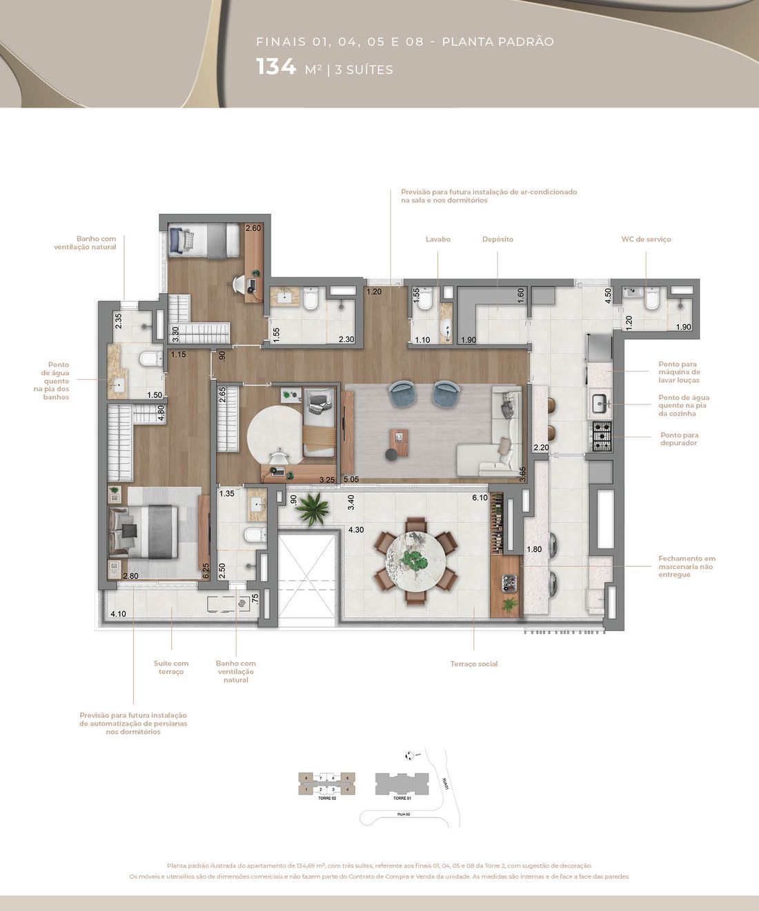 Planta padrão de 134 m² com 3 suítes no Eden Park by Dror